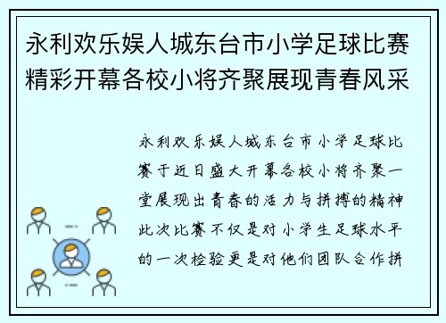 永利欢乐娱人城东台市小学足球比赛精彩开幕各校小将齐聚展现青春风采